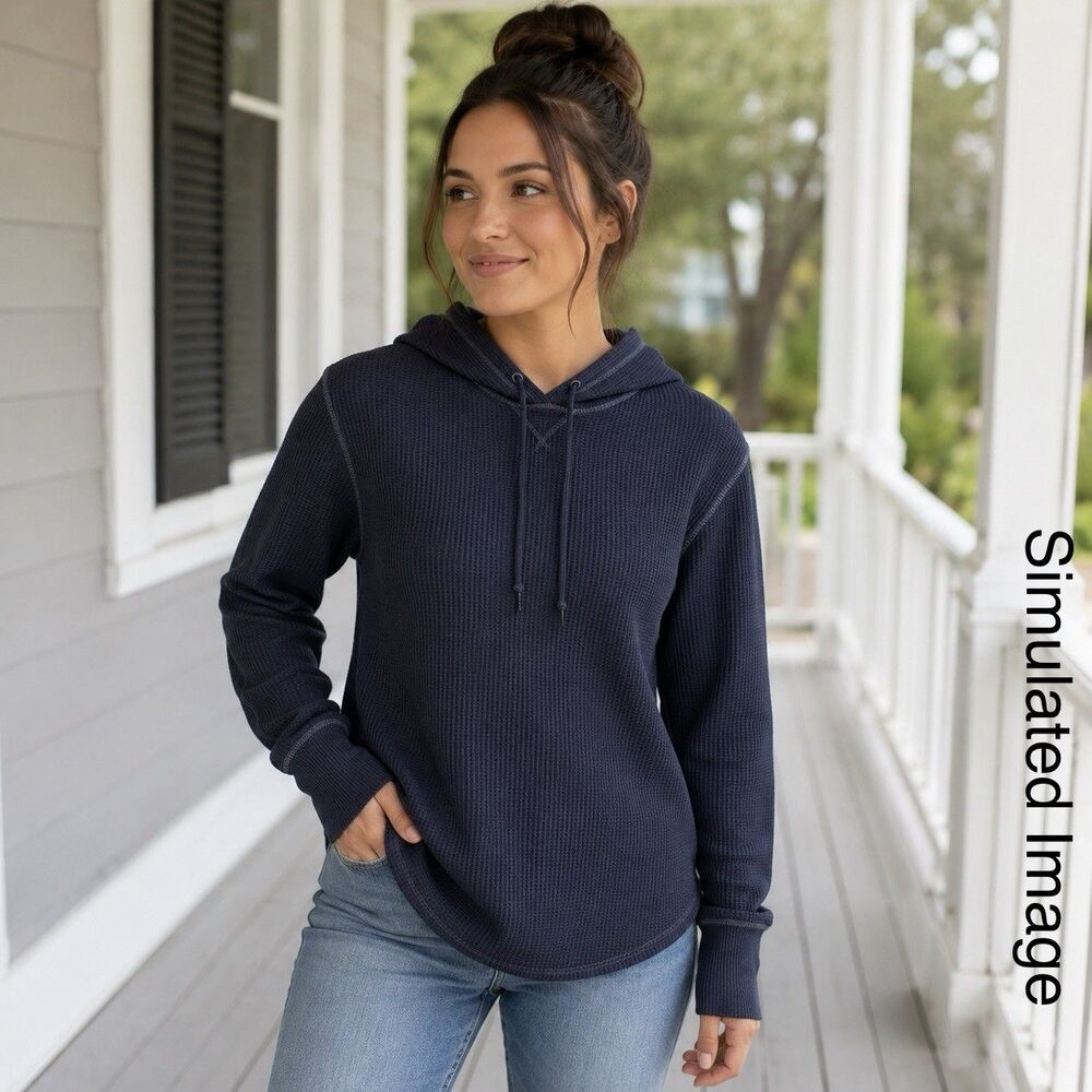 LL Bean Hoodie Womens Small Petite Navy Waffle Knit Thermal Pullover